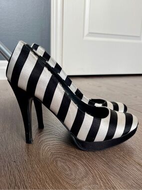 Black and white striped fabric high heels